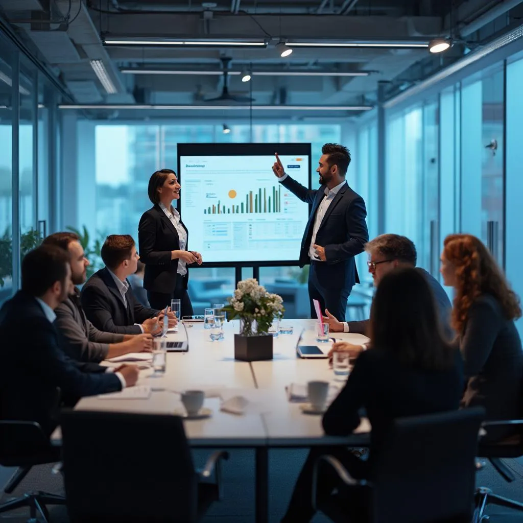 Equipo en reunión estratégica con clientes
